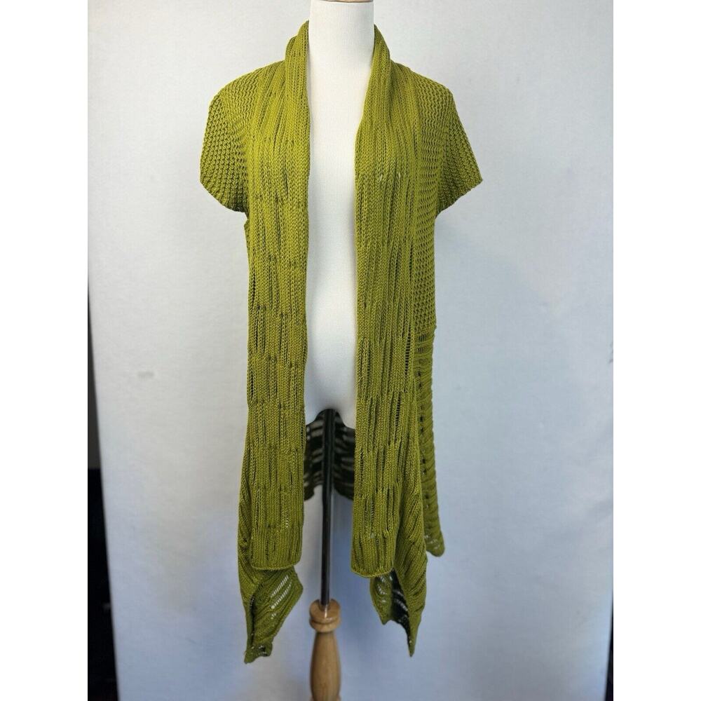 PURE HANDKNIT Open Cardigan Sweater Plaited Cotton Knit Green M/L